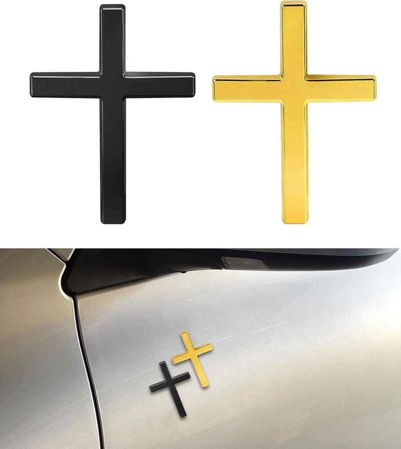 SCUARI 2PCS 3D Cross Stickers,Car Accessories Decals for Vehicles,Self Adhesive Cross Metal Car Emblem,2.5"×1.8" Cross Jesus Automotive Decal,Suitable for Trunk Tailgate Side Decoration (Black&Gold) - Image 1